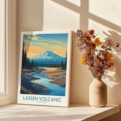 Lassen Volcanic National Park art print on a windowsill with vase of dried flowers, sunlight.