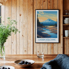 Framed Lassen Volcanic National Park art print hanging in a rustic kitchen with wood panel walls