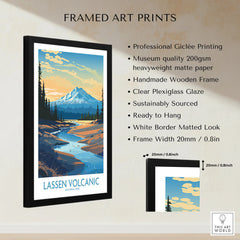 Framed Lassen Volcanic National Park print with mountain landscape, matte paper, wooden frame details.