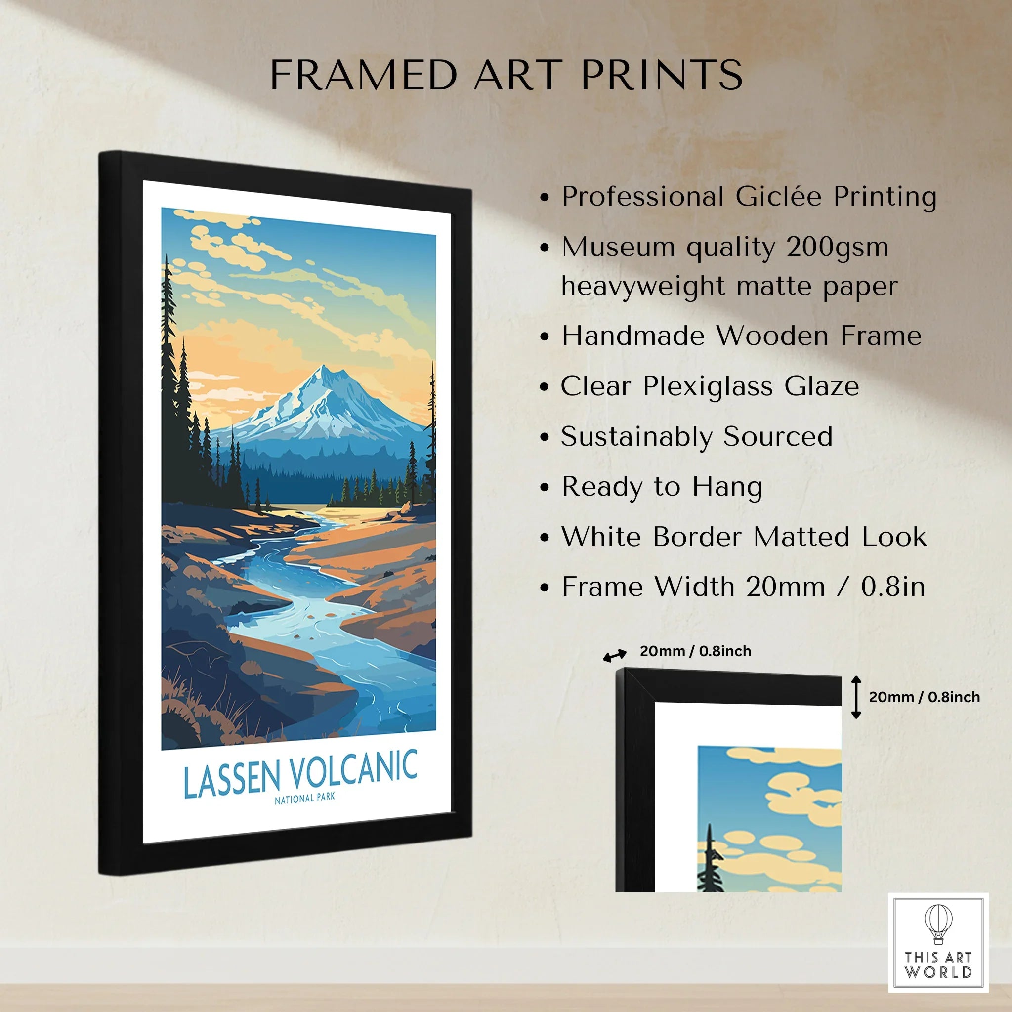 Framed Lassen Volcanic National Park print with mountain landscape, matte paper, wooden frame details.