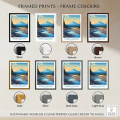Lassen Volcanic travel art print with mountain landscape, shown in eight frame color options.