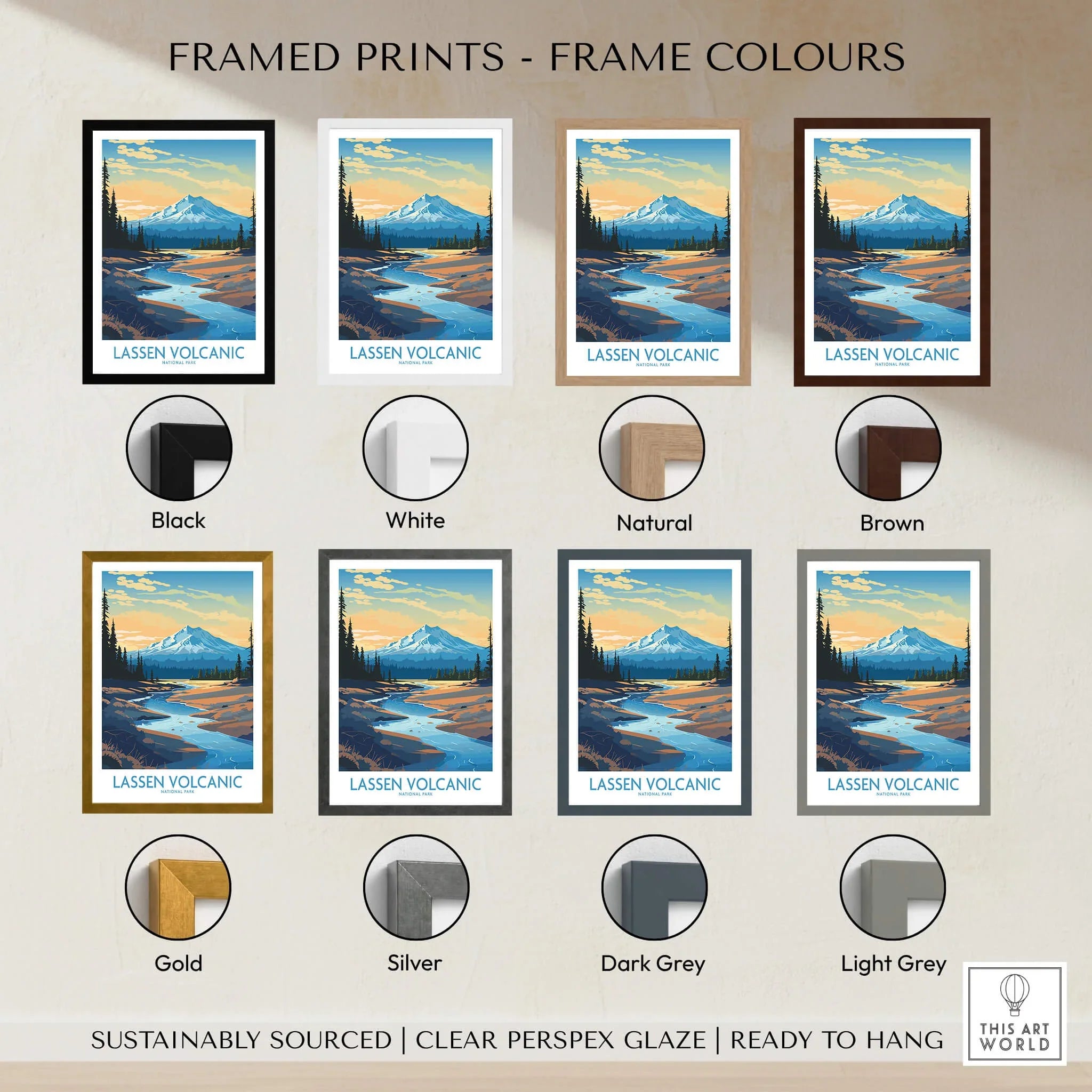 Lassen Volcanic travel art print with mountain landscape, shown in eight frame color options.