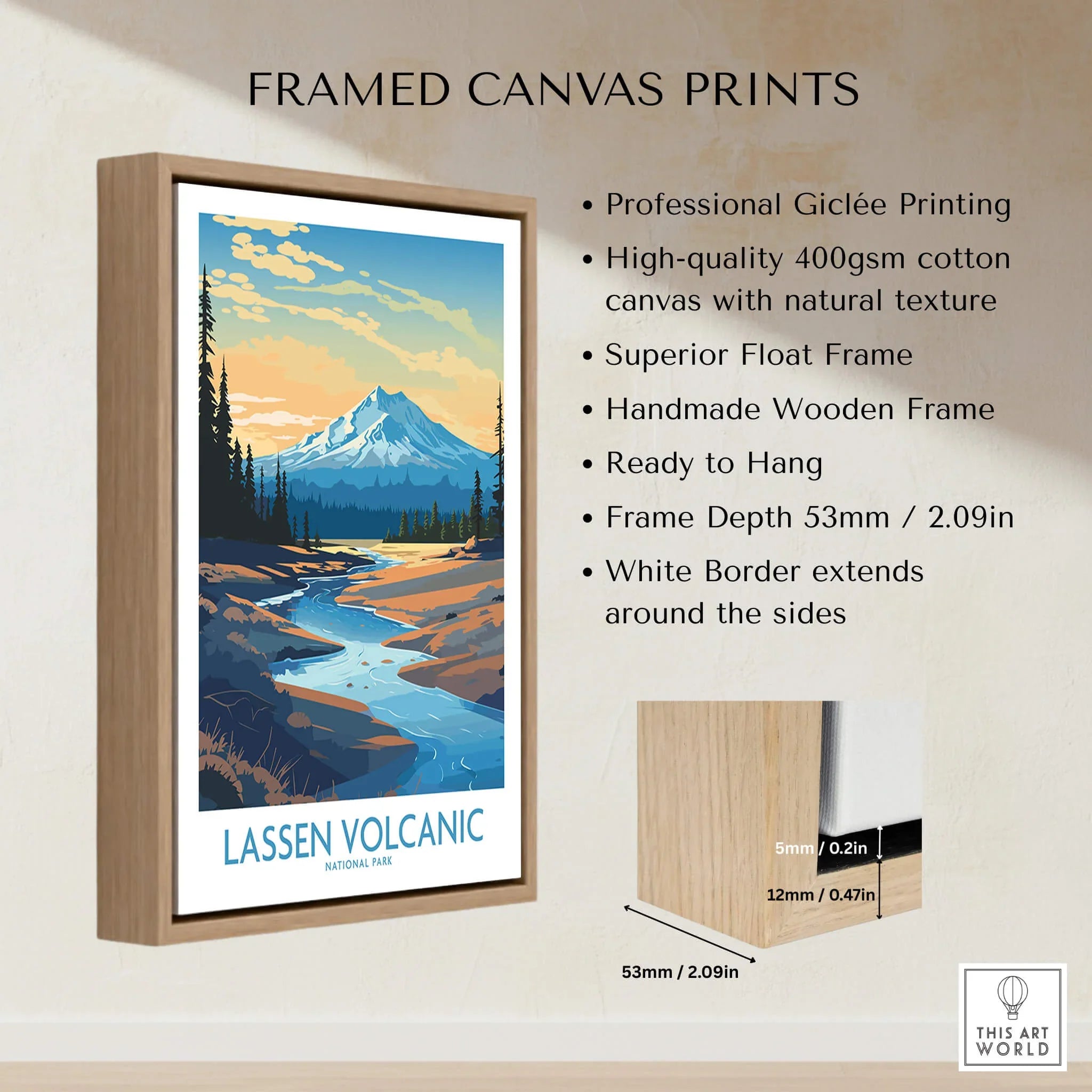 Framed Lassen Volcanic National Park canvas print with float frame and mountain landscape art