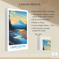 Lassen Volcanic National Park canvas print with mountain landscape, river, and pine trees.