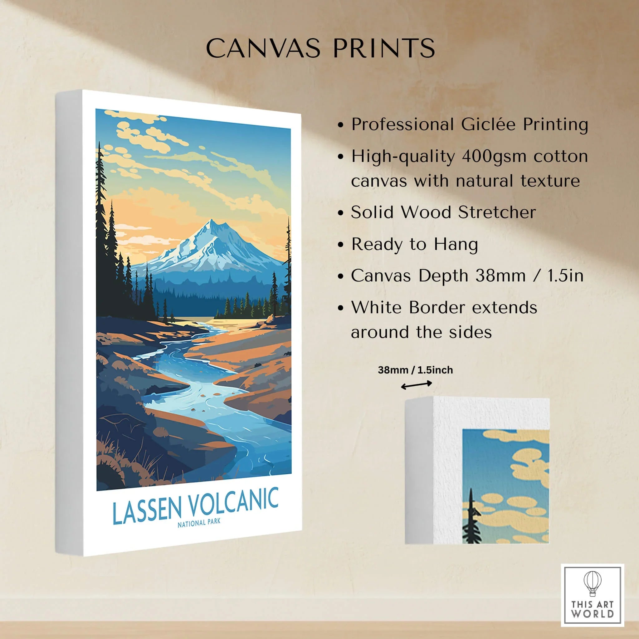 Lassen Volcanic National Park canvas print with mountain landscape, river, and pine trees.