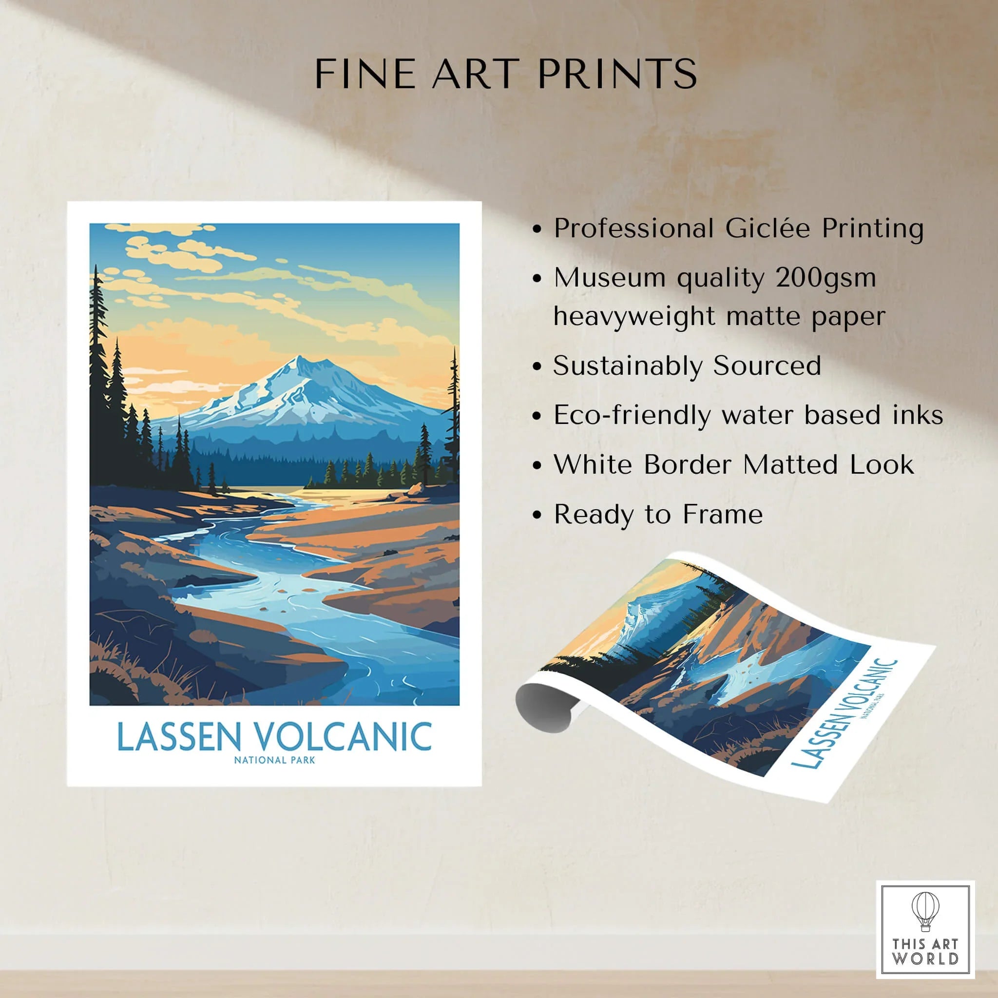 Lassen Volcanic National Park art print with mountain, river, pine trees, and sunset colors