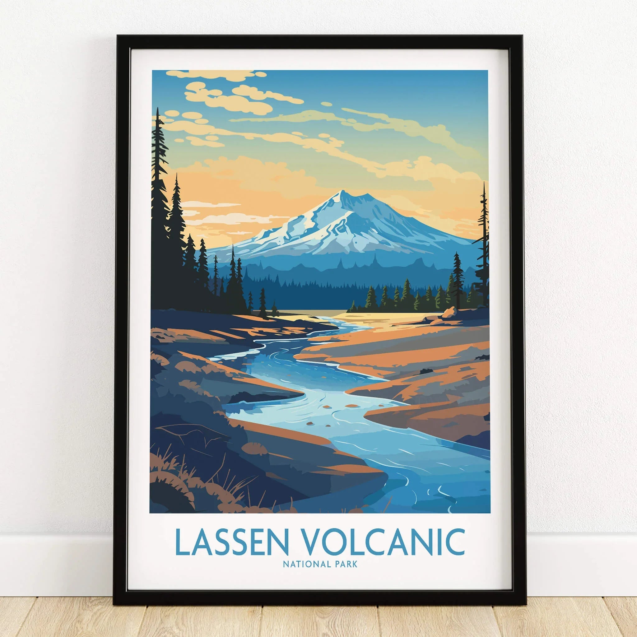 Lassen Volcanic National Park art print in black frame on wooden floor, mountain landscape wall art