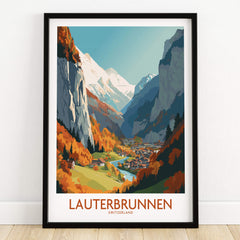 Lauterbrunnen Wall Art featuring the stunning Swiss Alps landscape with vibrant colors and detailed print.