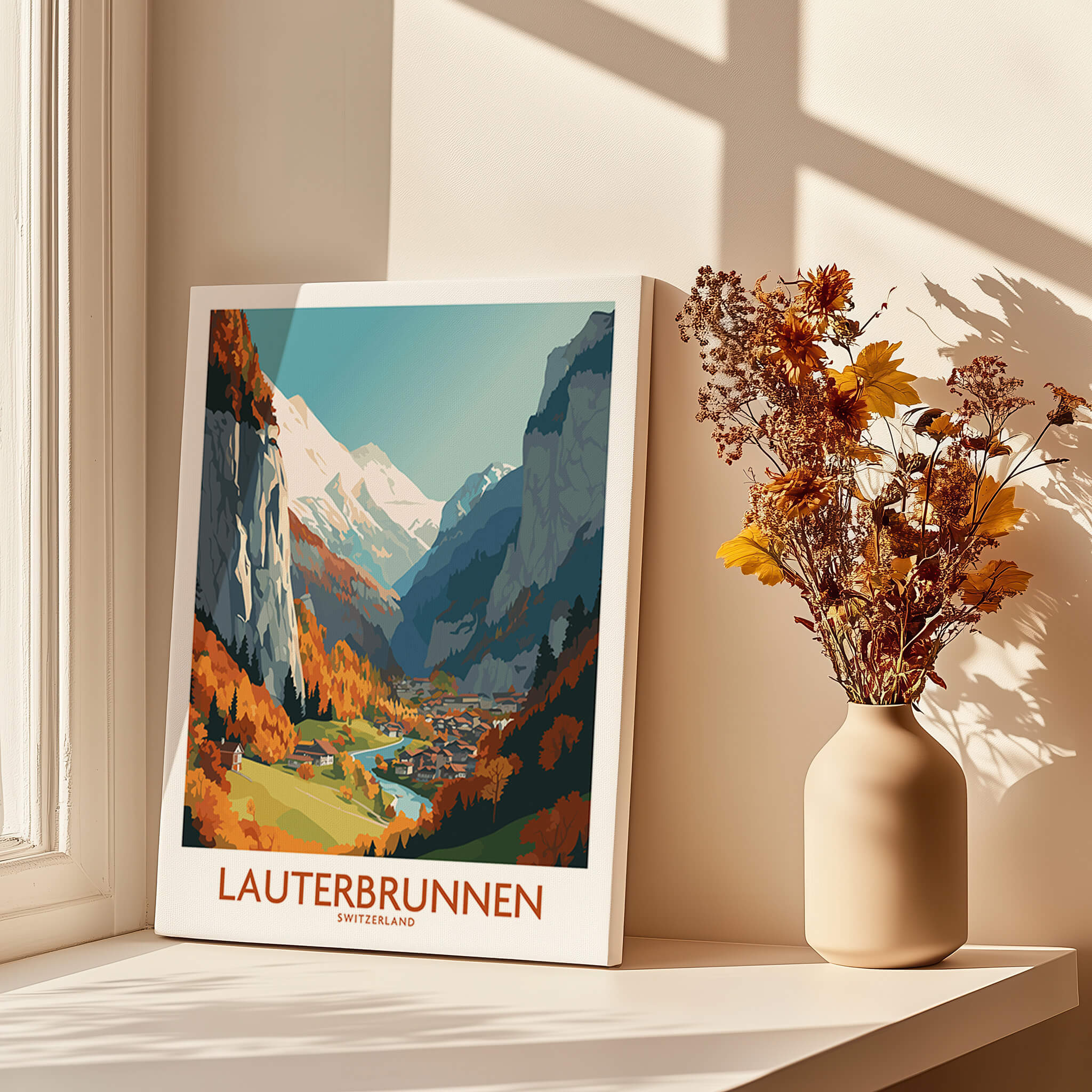 Lauterbrunnen Wall Art showcasing the Swiss Alps, vibrant colors and details in a cozy setting.