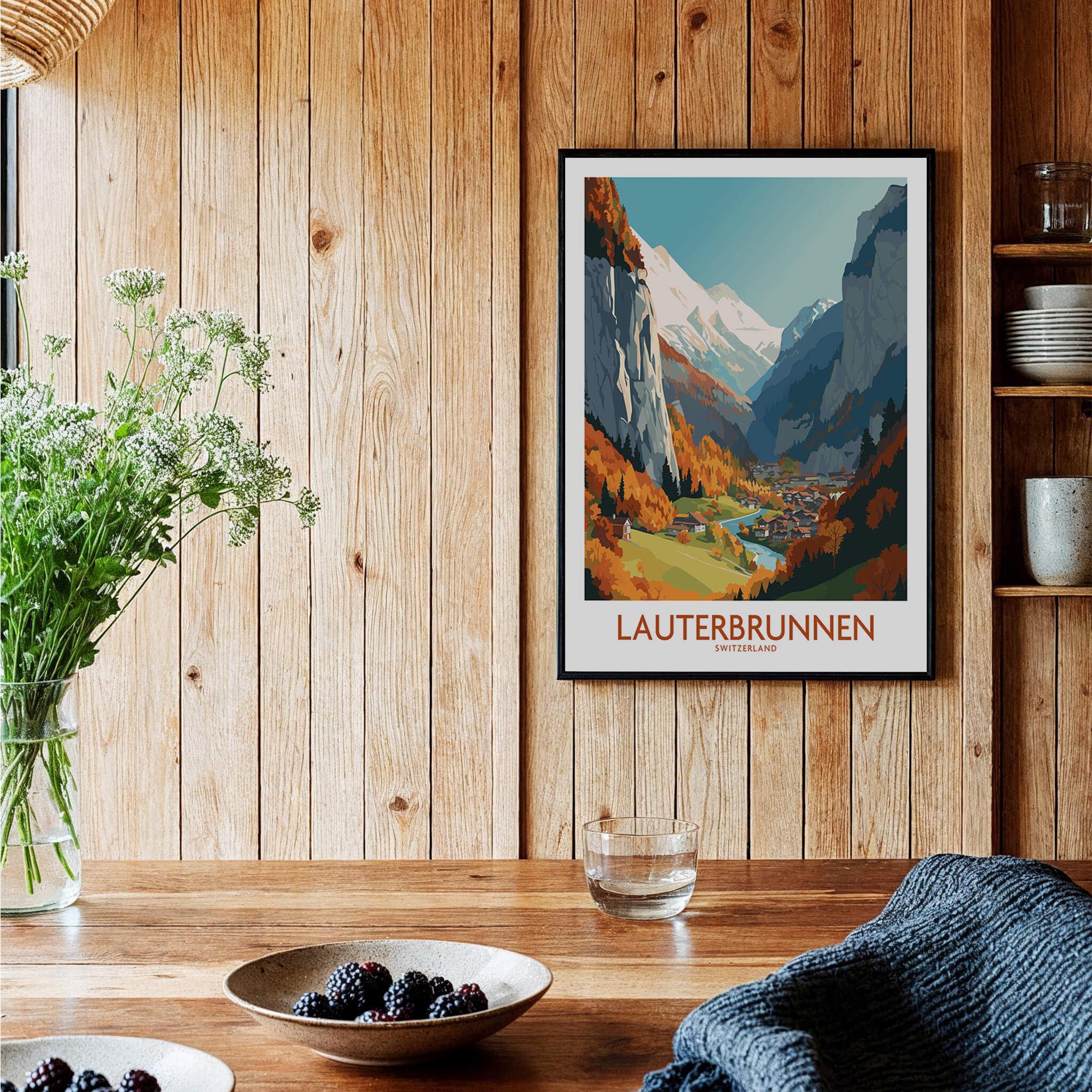 Lauterbrunnen Wall Art featuring a picturesque Swiss Alps landscape, showcasing vibrant colors and stunning details.