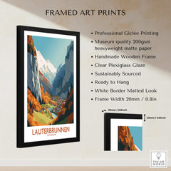 Lauterbrunnen Wall Art featuring vibrant Swiss Alps scenery in a stylish frame with professional Giclée printing.