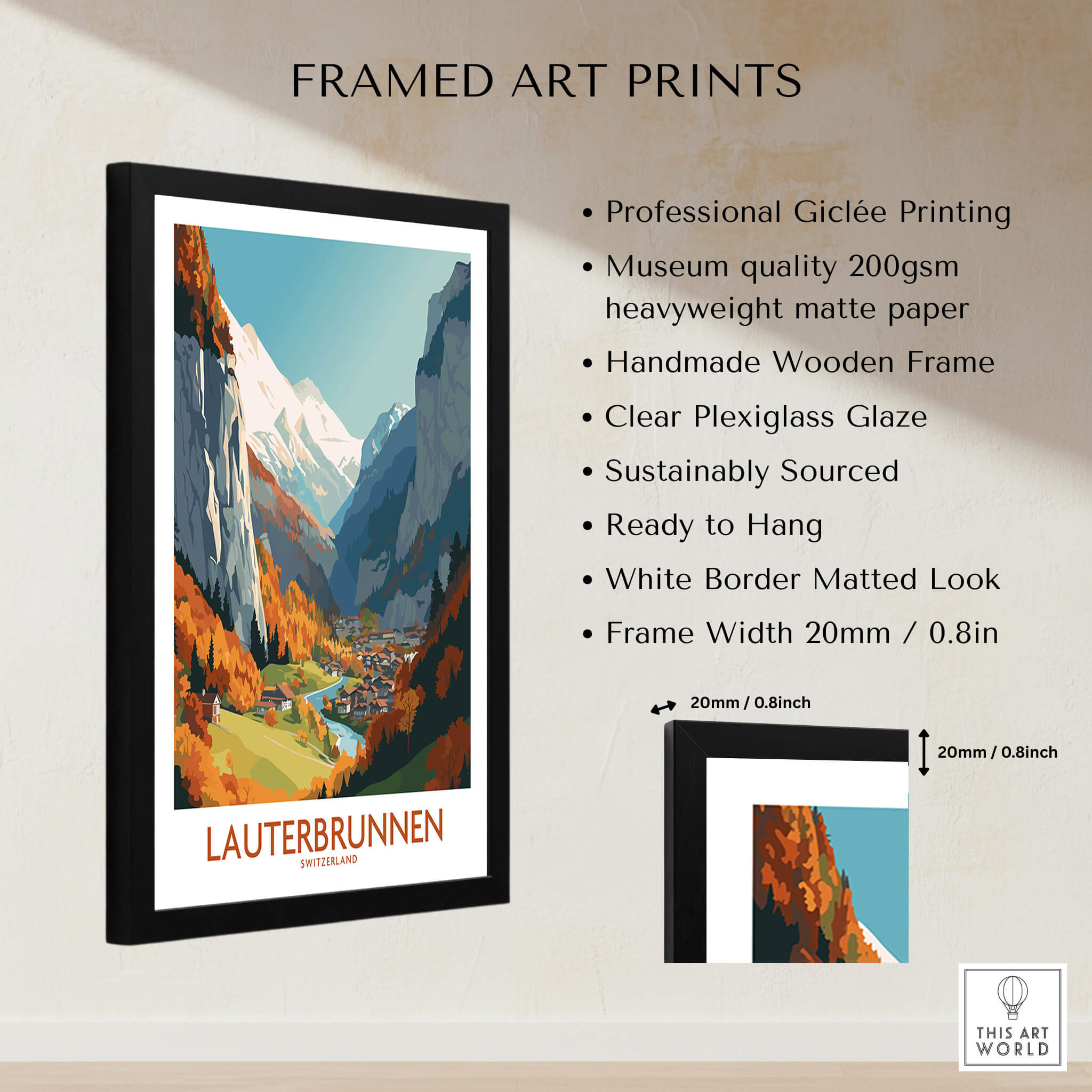 Lauterbrunnen Wall Art featuring vibrant Swiss Alps scenery in a stylish frame with professional Giclée printing.