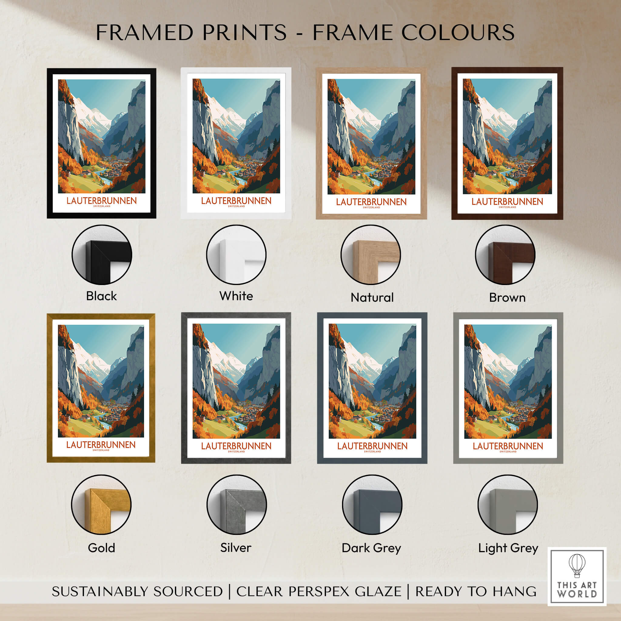 Lauterbrunnen Wall Art framed prints in various colors including black, white, natural, and brown.
