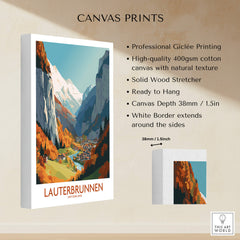 Lauterbrunnen Wall Art canvas print showcasing vibrant Swiss Alps scenery and professional Giclée printing.