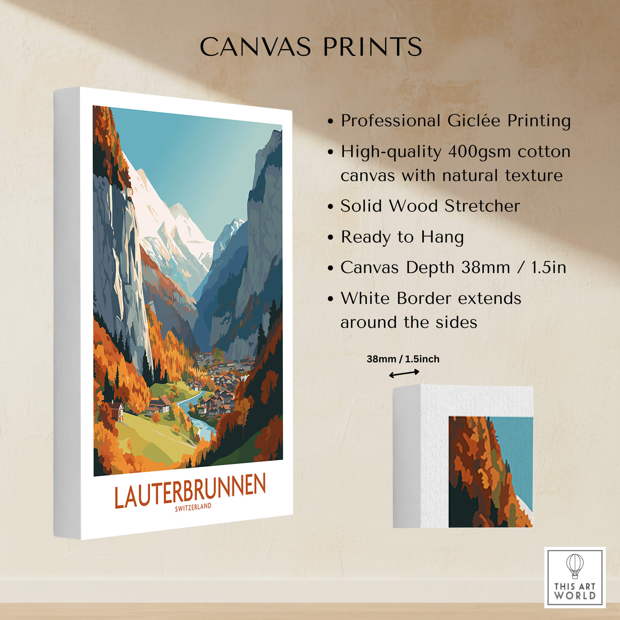Lauterbrunnen Wall Art canvas print showcasing vibrant Swiss Alps scenery and professional Giclée printing.