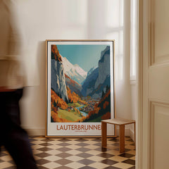 Lauterbrunnen Wall Art featuring a vibrant Swiss Alps landscape poster in a modern interior setting.