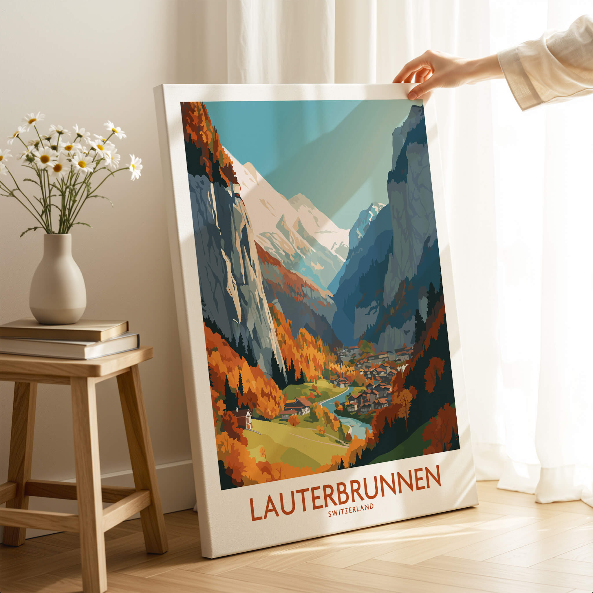 Lauterbrunnen Wall Art showcasing the Swiss Alps in vibrant colors, perfect for home decor.
