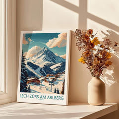 Lech Zürs am Arlberg Ski Poster featuring snowy slopes and mountain scenery with a vase of flowers.