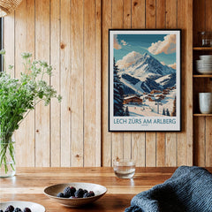 Lech Zürs am Arlberg Ski Poster displayed in a cozy wooden room, showcasing stunning mountain slopes and a ski destination.