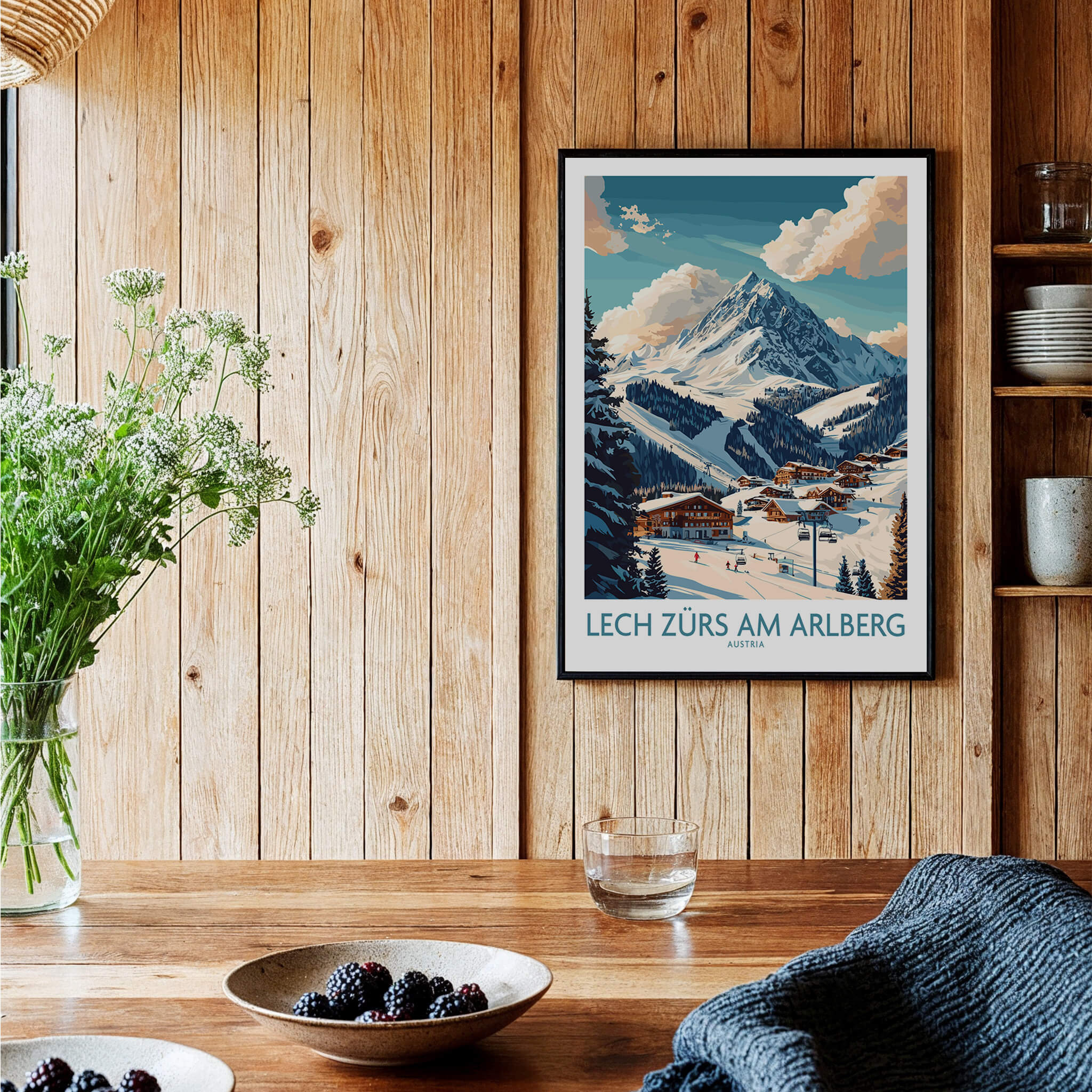 Lech Zürs am Arlberg Ski Poster displayed in a cozy wooden room, showcasing stunning mountain slopes and a ski destination.