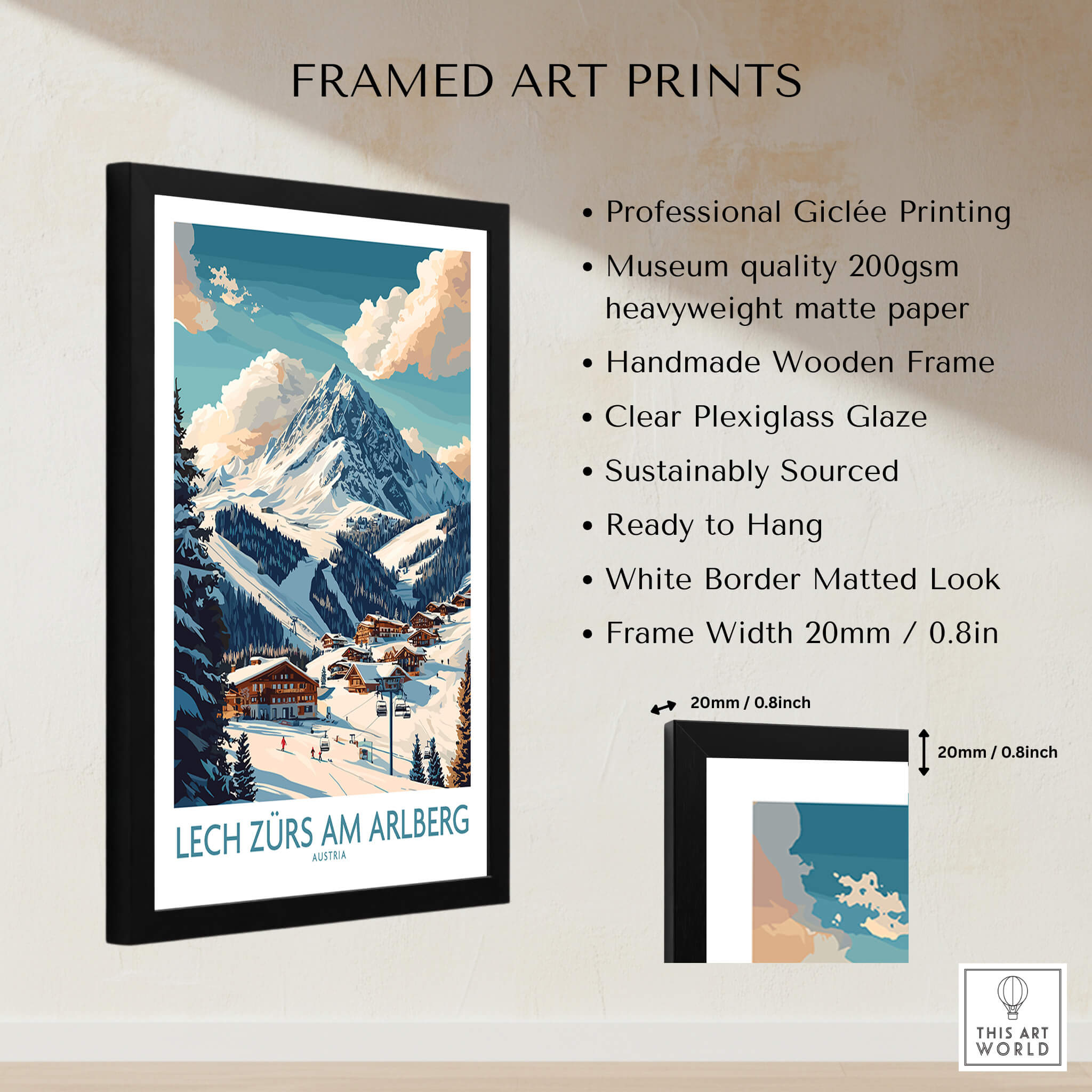 Lech Zürs am Arlberg Ski Poster framed print with professional giclée printing and clear plexiglass glaze.
