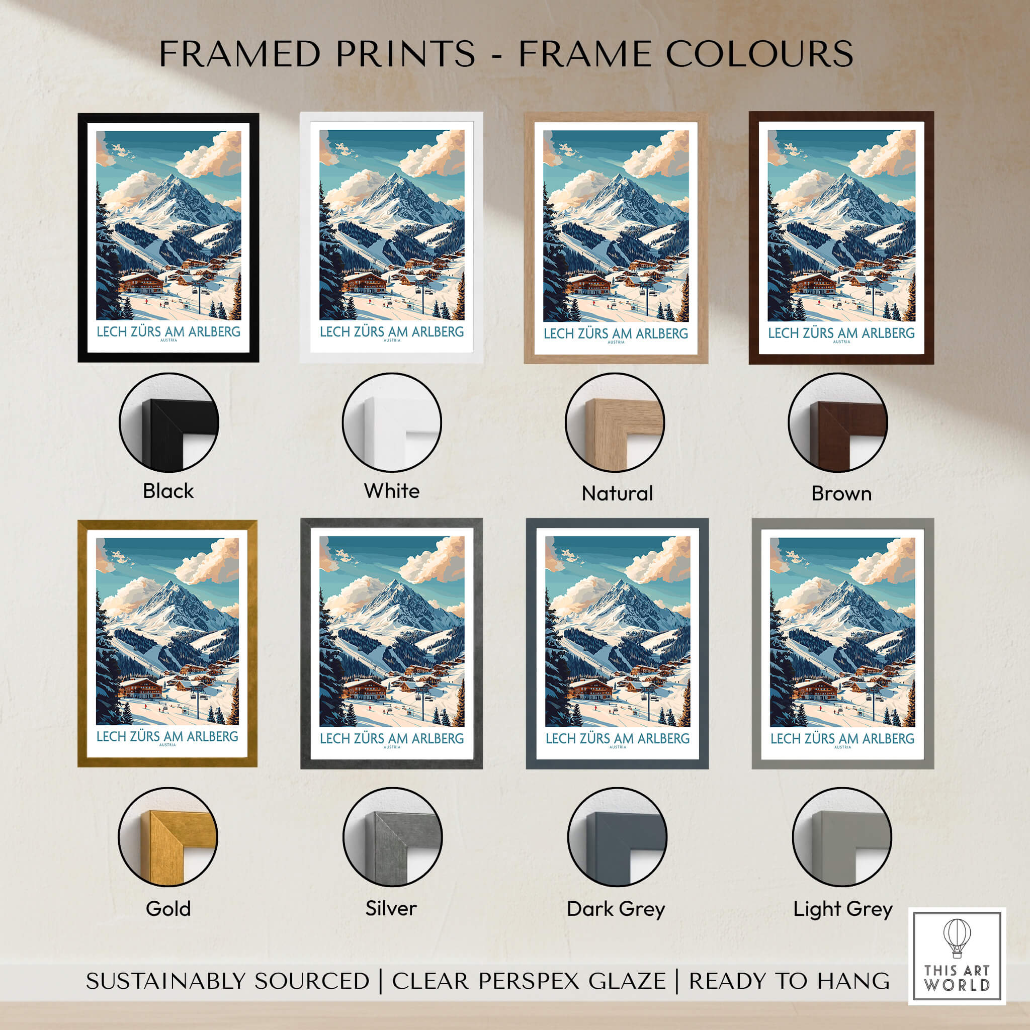 Framed prints in different colors featuring Lech Zürs am Arlberg Ski Poster for your home decor.