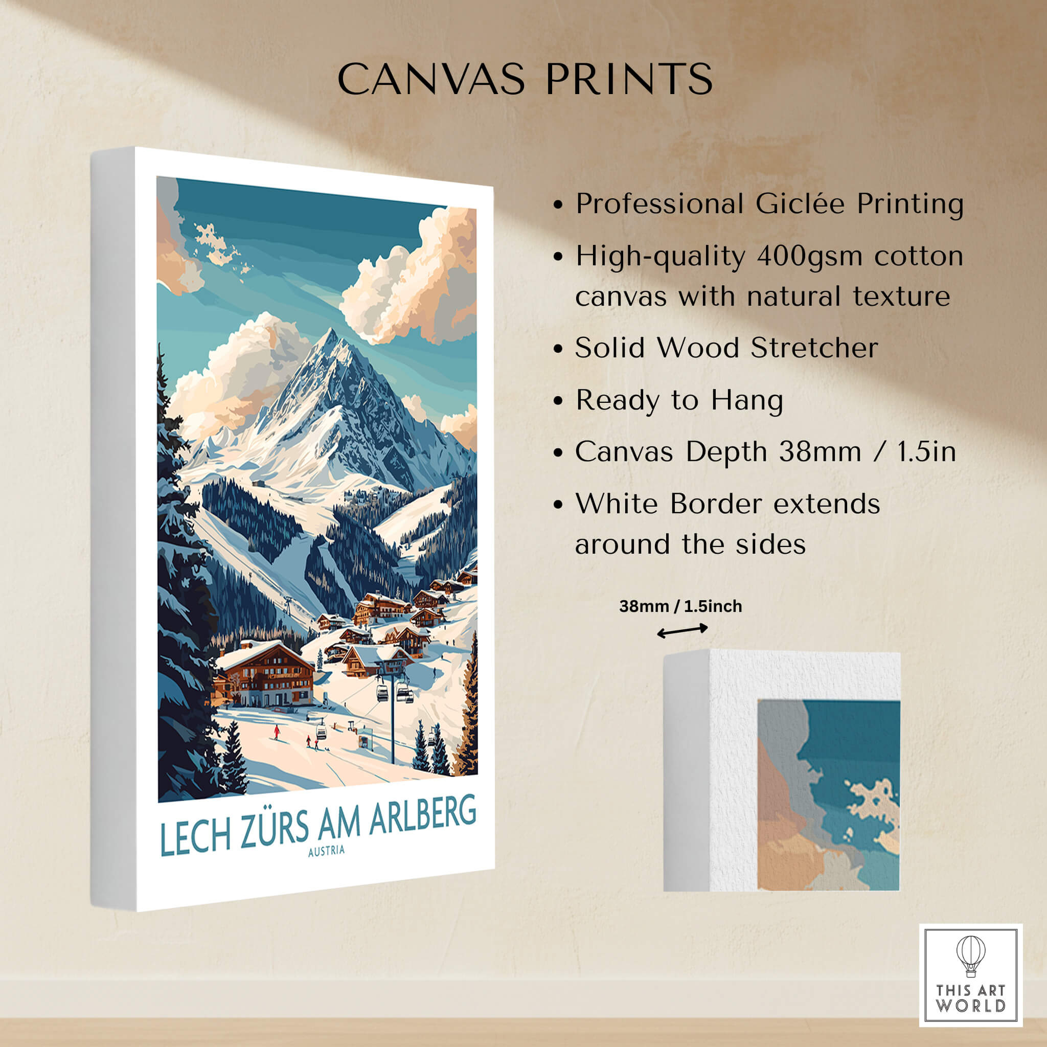 Lech Zürs am Arlberg Ski Poster showcased as a high-quality canvas print with professional Giclée printing.