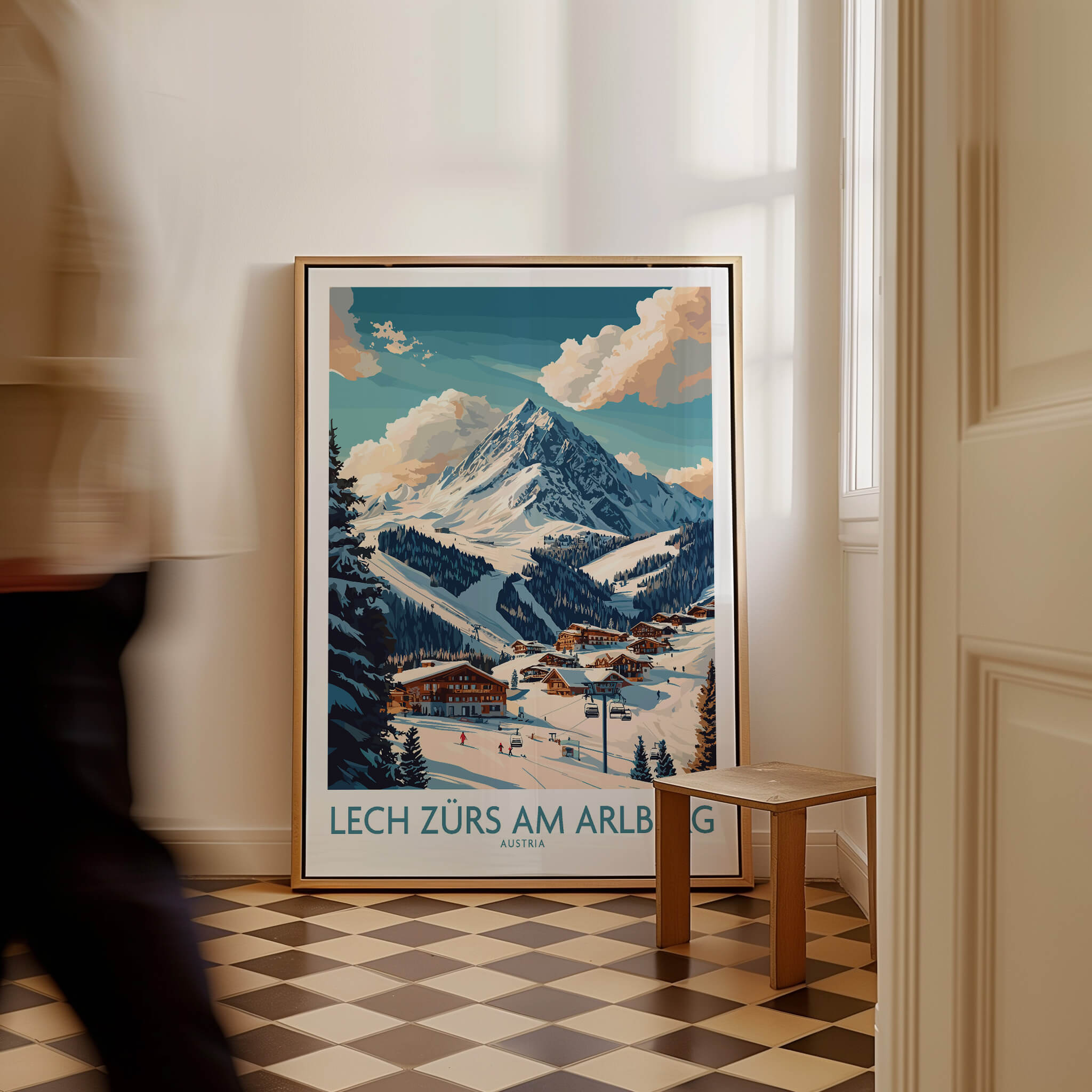 Lech Zürs am Arlberg Ski Poster displayed in a stylish interior with a mountainous background.