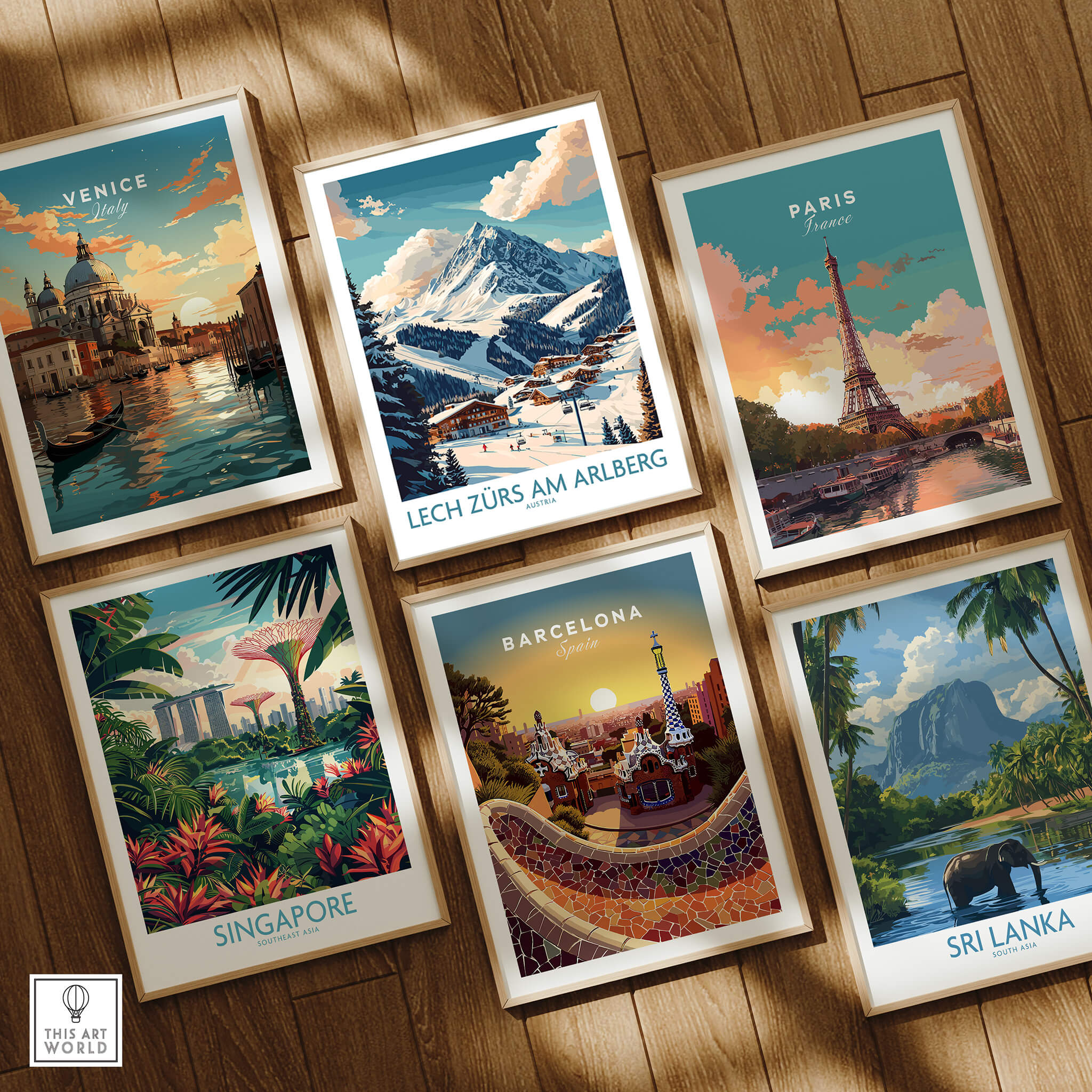 Collection of travel posters including Lech Zürs am Arlberg Ski Poster, showcasing beautiful landscapes and landmarks.