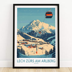 Lech Zürs am Arlberg Ski Wall Art Poster featuring a ski resort scene with mountains and gondola.