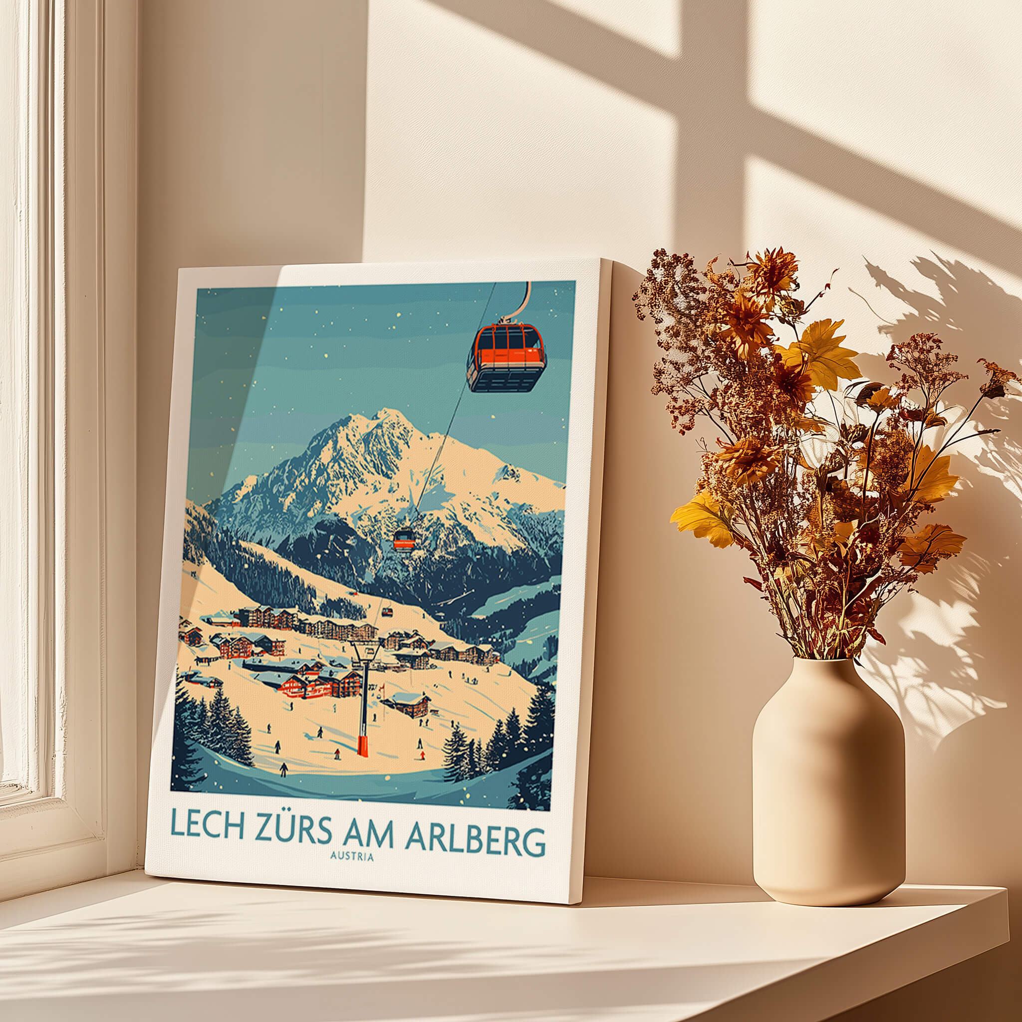 Lech Zürs am Arlberg Ski Wall Art Poster featuring snowy mountains and ski lifts in a cozy interior setting.