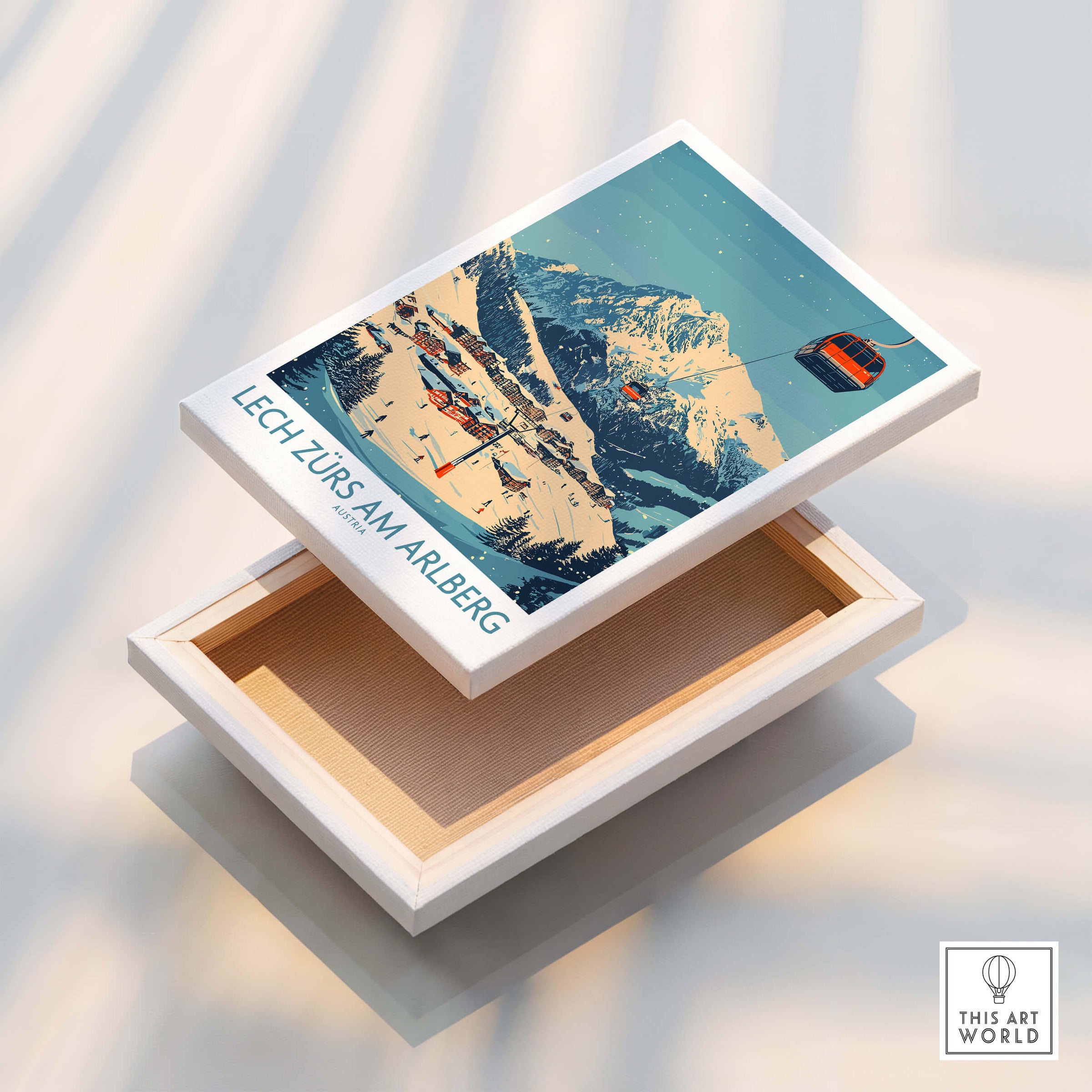 Lech Zürs am Arlberg Ski Wall Art Poster displayed on a wooden box with a scenic mountain background.