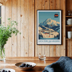 Lech Zürs am Arlberg Ski Wall Art Poster framed in a cozy setting with flowers and fruit bowls.