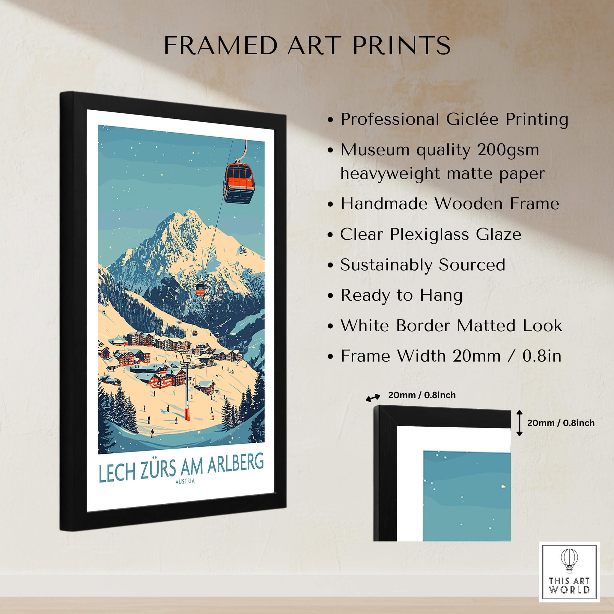 Lech Zürs am Arlberg Ski Wall Art Poster featuring framed print with ski resort scene and gondola.