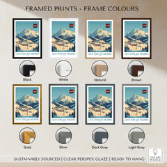 Framed prints in various colors featuring Lech Zürs am Arlberg Ski Wall Art Poster options for a stylish home decor.