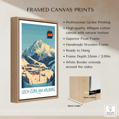 Lech Zürs am Arlberg Ski Wall Art Poster in a stylish wooden frame with a mountain backdrop.