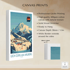 Lech Zürs am Arlberg Ski Wall Art Poster displayed on canvas, showcasing stunning snowy mountains and a ski lift.