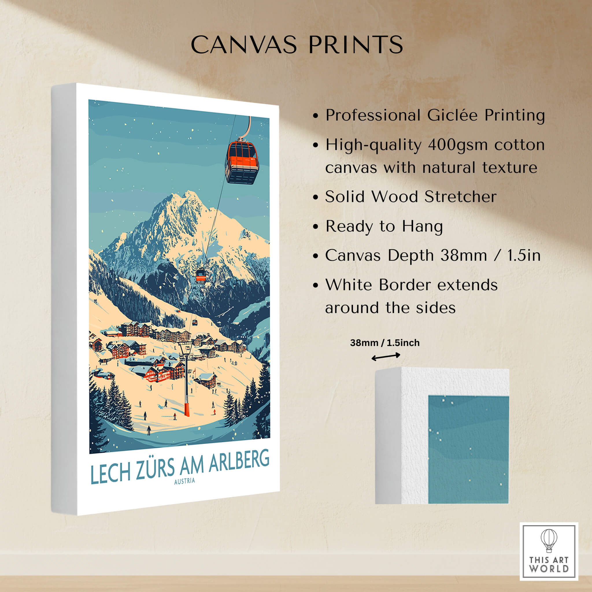 Lech Zürs am Arlberg Ski Wall Art Poster displayed on canvas, showcasing stunning snowy mountains and a ski lift.