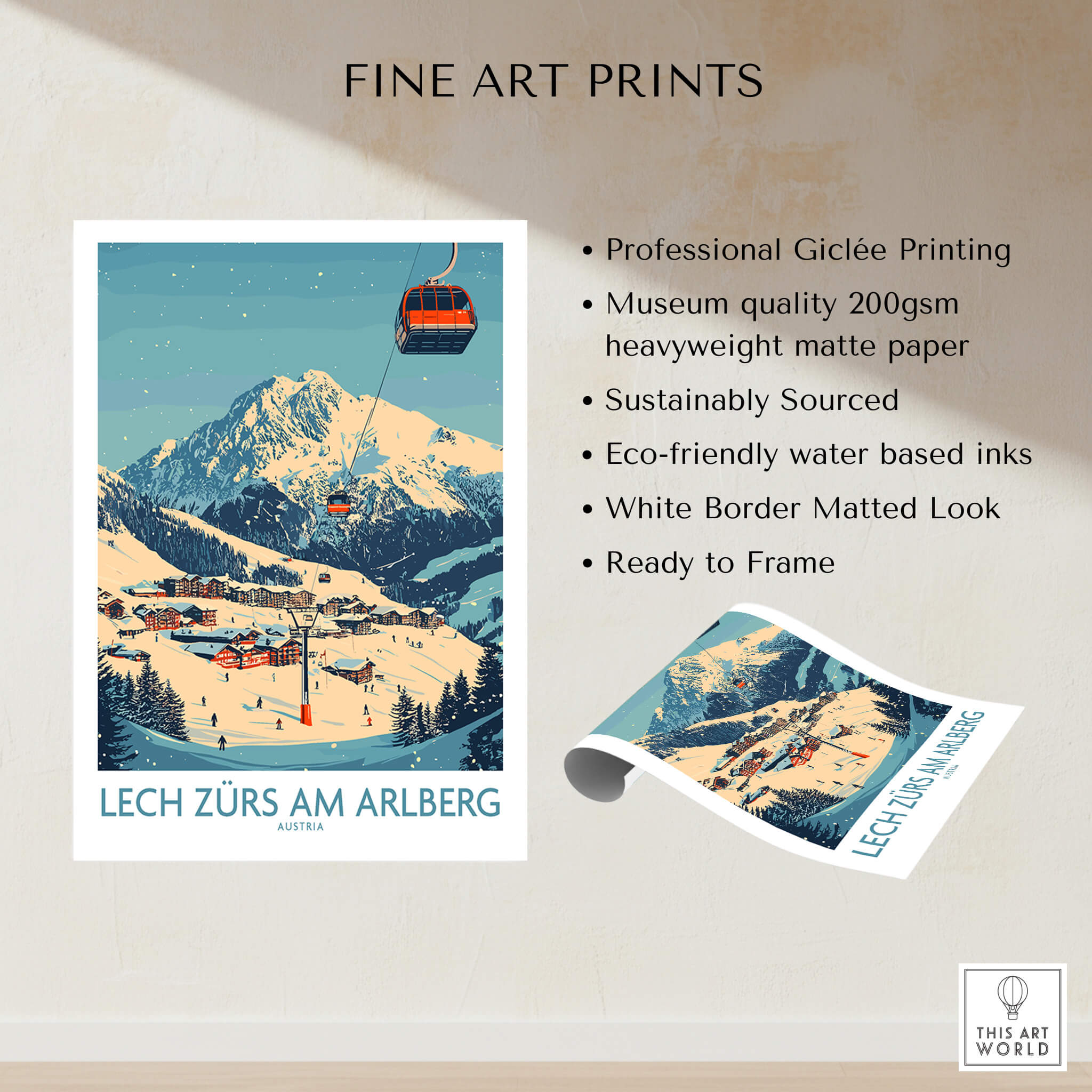 Lech Zürs am Arlberg Ski Wall Art Poster featuring professional Giclée printing and stunning ski scenery.