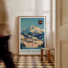 Lech Zürs am Arlberg Ski Wall Art Poster displayed in a stylish interior, showcasing stunning mountain views.