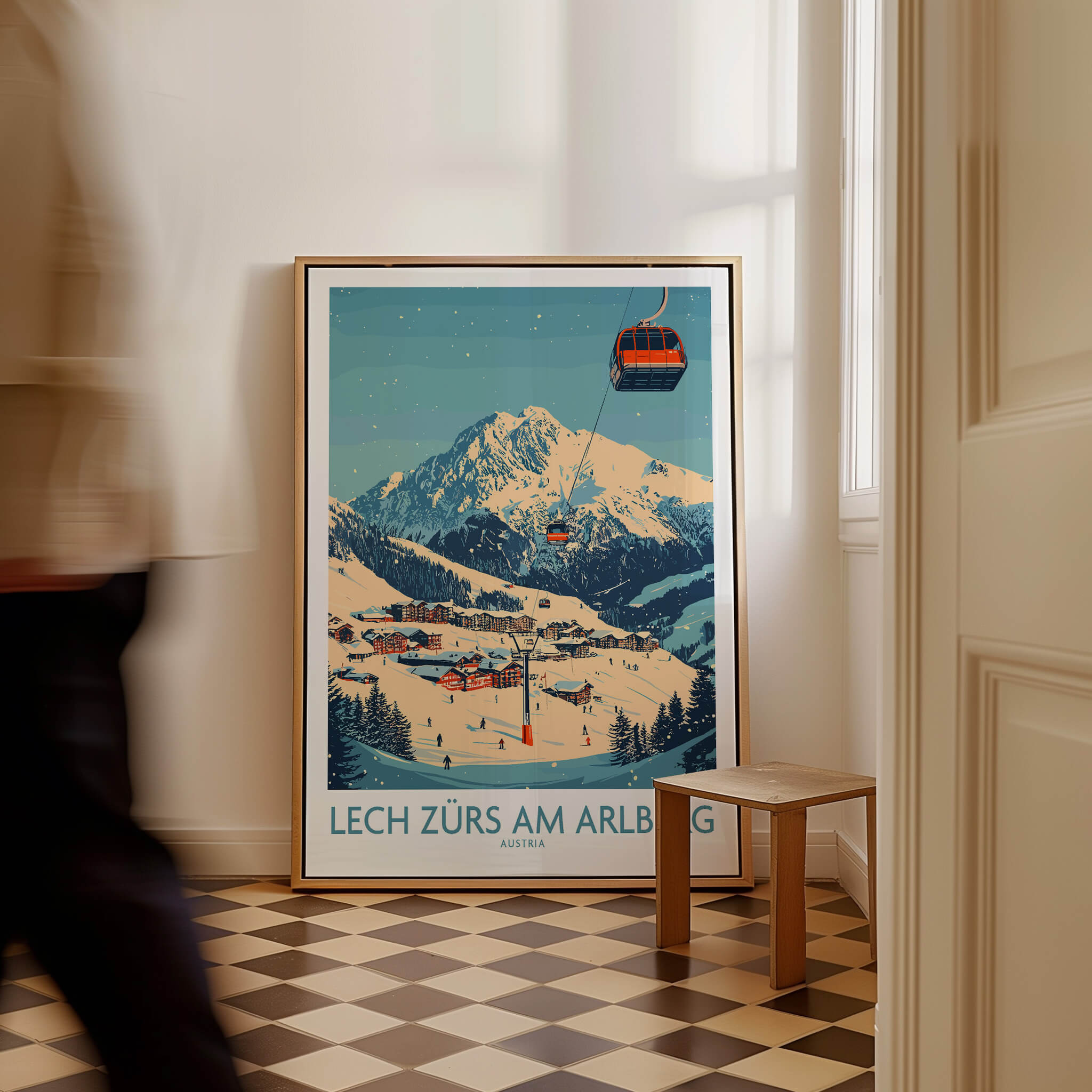 Lech Zürs am Arlberg Ski Wall Art Poster displayed in a stylish interior, showcasing stunning mountain views.