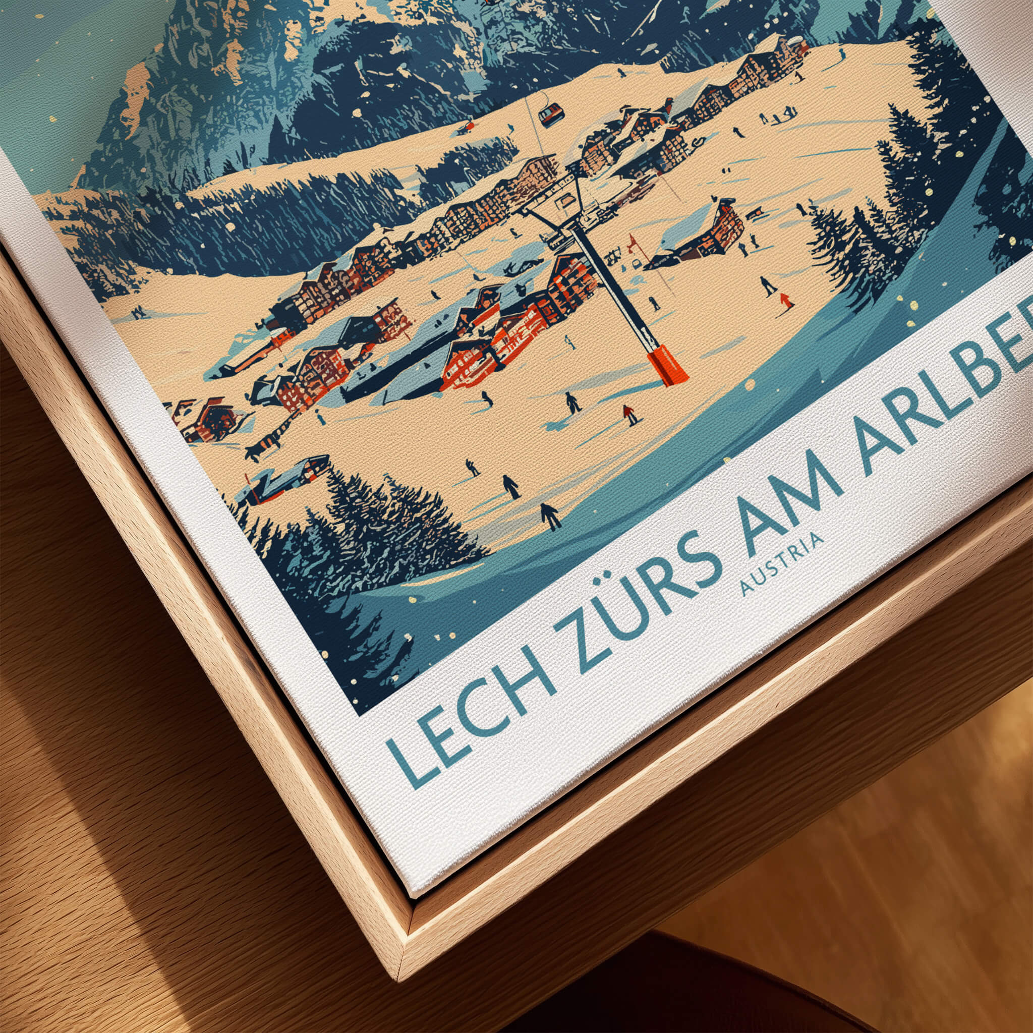 Lech Zürs am Arlberg Ski Wall Art Poster showcasing a vibrant winter scene in Austria with skiers and snow-covered mountains.