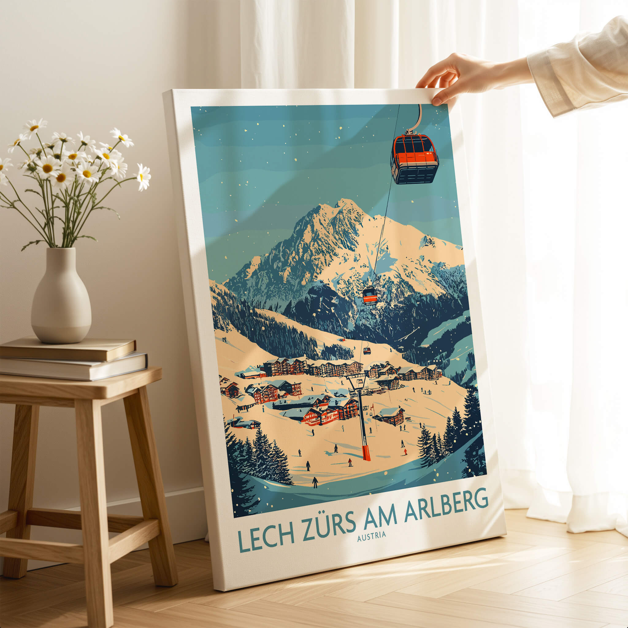 Lech Zürs am Arlberg Ski Wall Art Poster showcasing a ski lift and stunning mountain views in Austria.