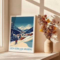 Lech Zürs am Arlberg Poster Austria showcasing a skier on breathtaking slopes with a scenic mountain backdrop.