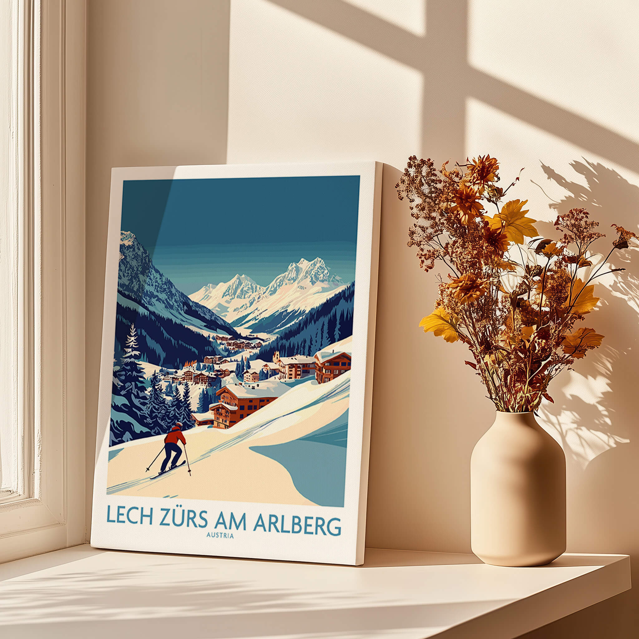 Lech Zürs am Arlberg Poster Austria showcasing a skier on breathtaking slopes with a scenic mountain backdrop.