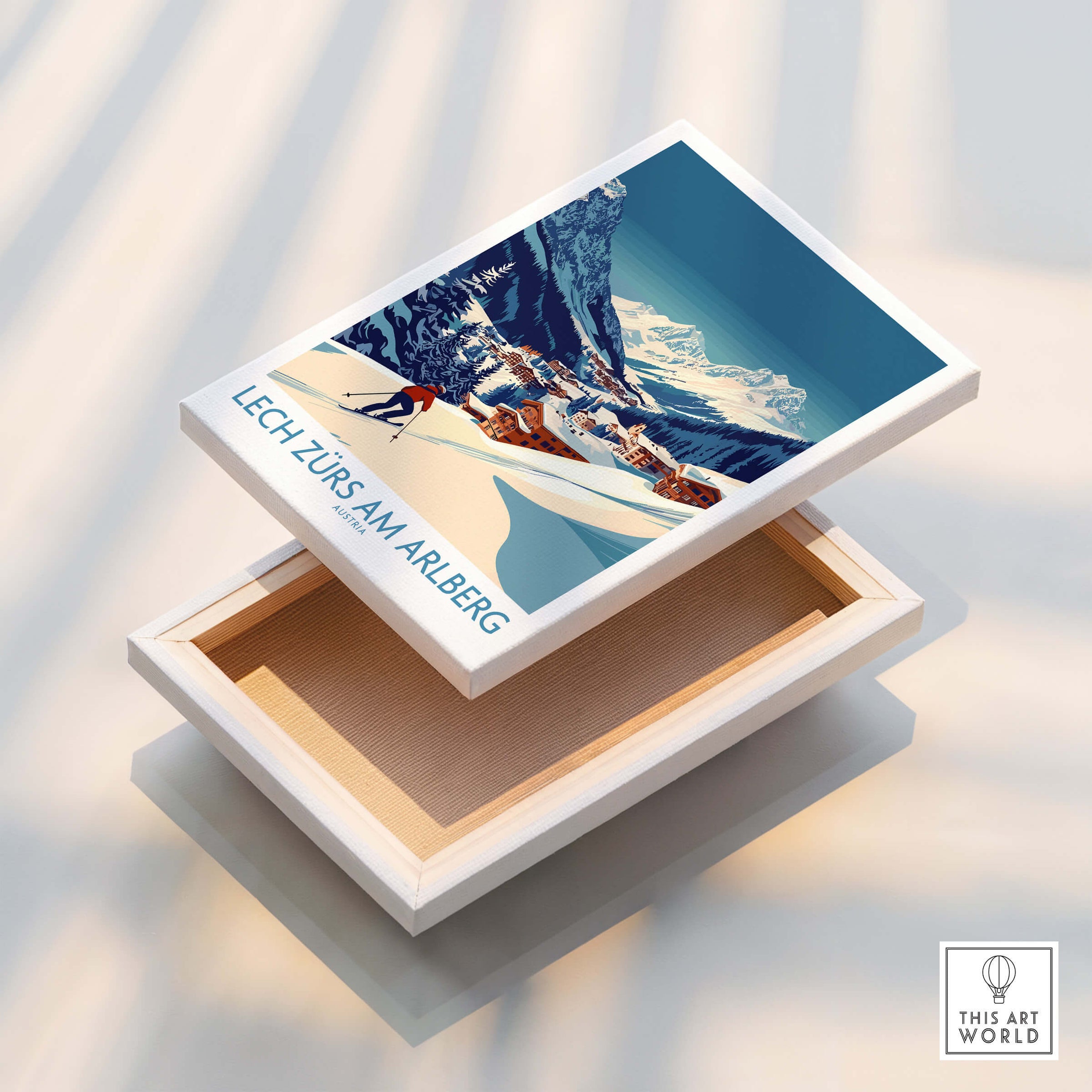 Lech Zürs am Arlberg Poster Austria displayed on a wooden box showcasing the stunning alpine slopes of Austria.