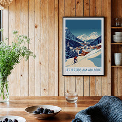 Lech Zürs am Arlberg Poster Austria displayed in a cozy wooden interior with flowers and dishes.