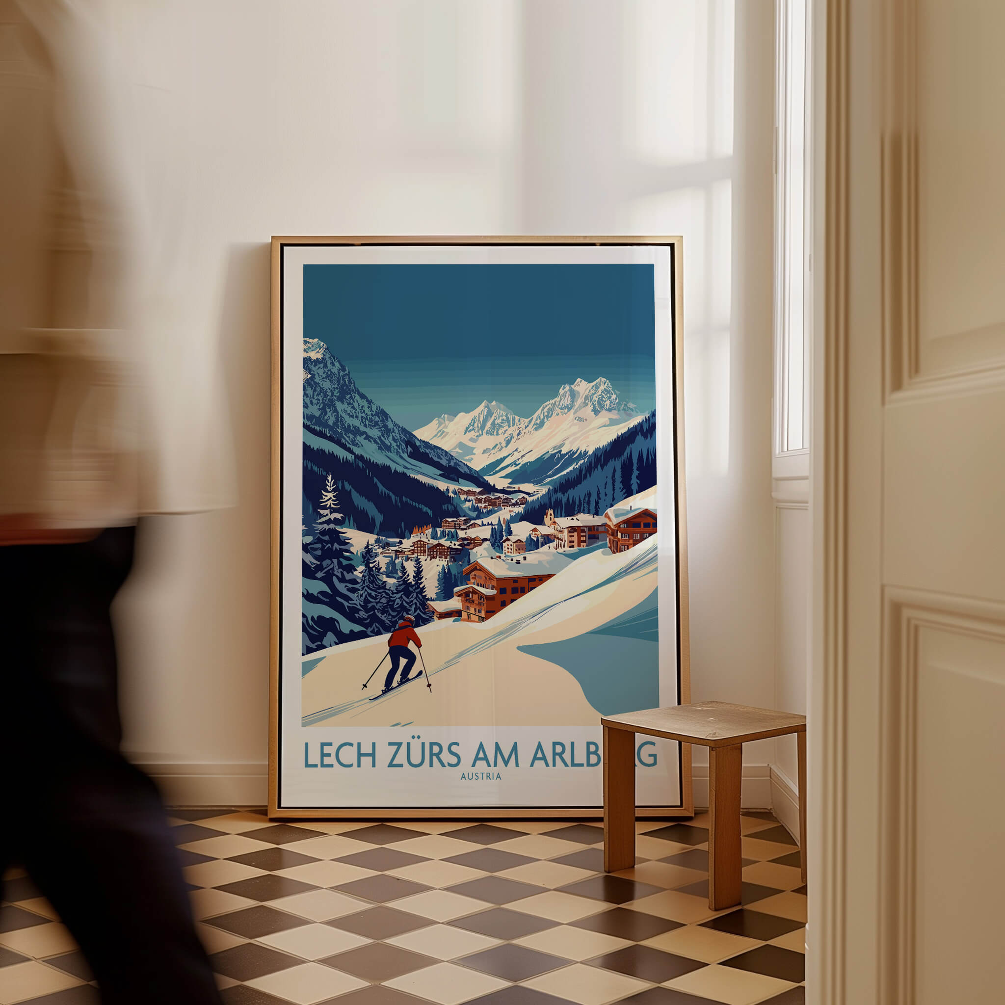 Lech Zürs am Arlberg Poster Austria displayed in a cozy room, showcasing scenic ski slopes and mountains.