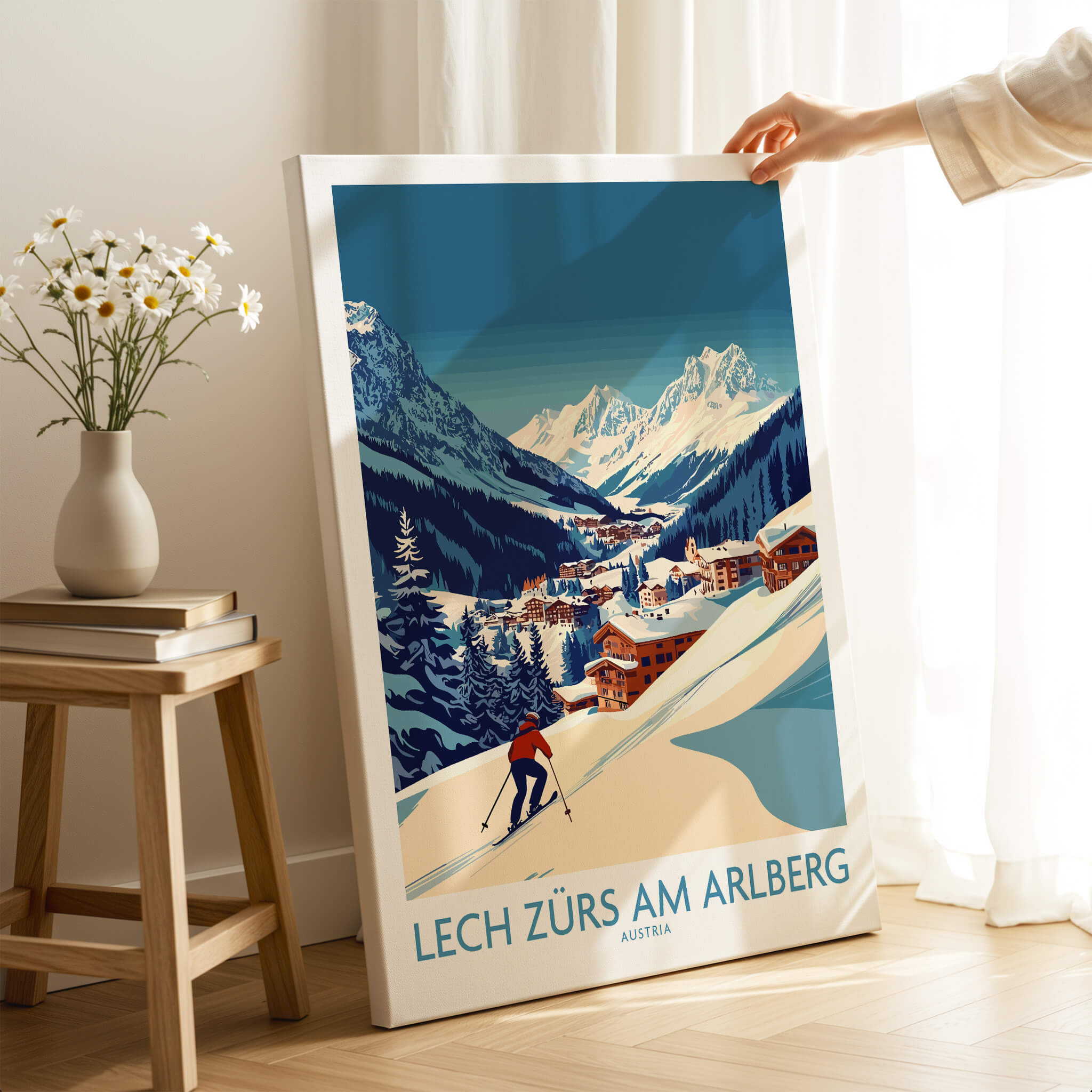 Lech Zürs am Arlberg Poster Austria showcasing a skier on the slopes with stunning mountain scenery and cozy village.