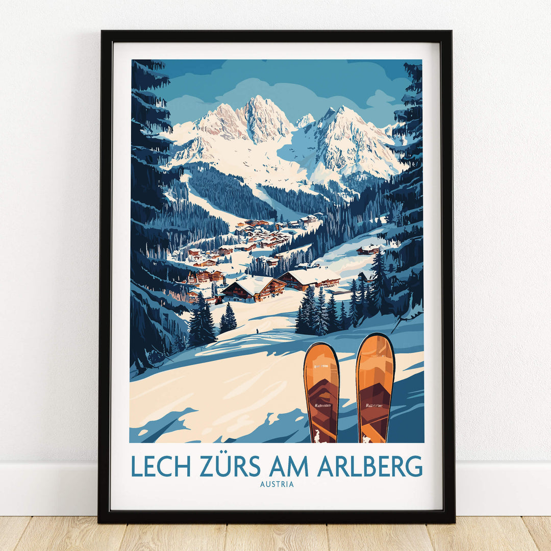 Lech Zürs am Arlberg Ski Wall Art Ski Poster featuring vibrant snowy landscape and ski slopes.